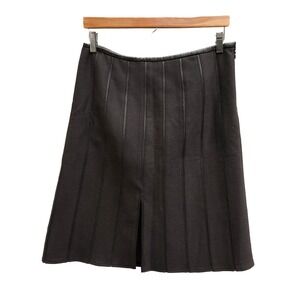 Armani Collezioni Wool Skirt 8 Brown Leather Trim Panel Front Slit NWT